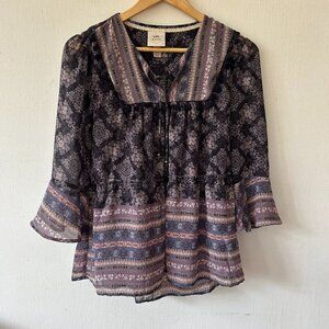 Knox Rose Peasant Blouse Womens XS Blue Floral V-neck Nearly Sheer